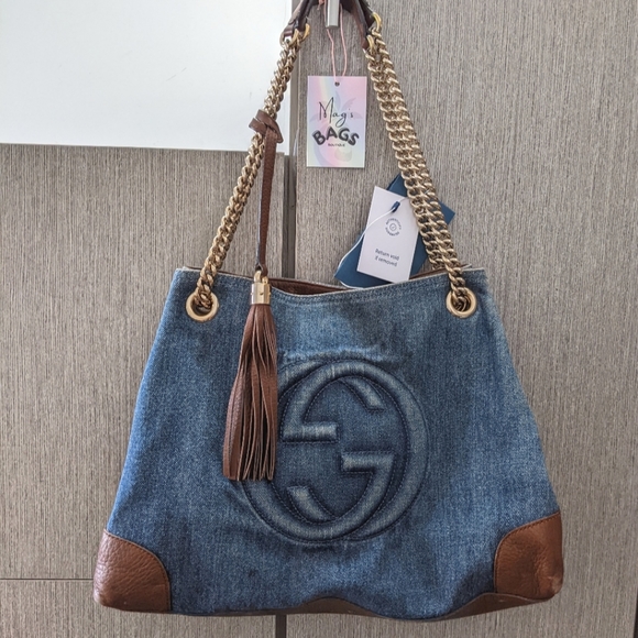 Gucci: Soho Denim Leather Interlock Tassel Chain Bag